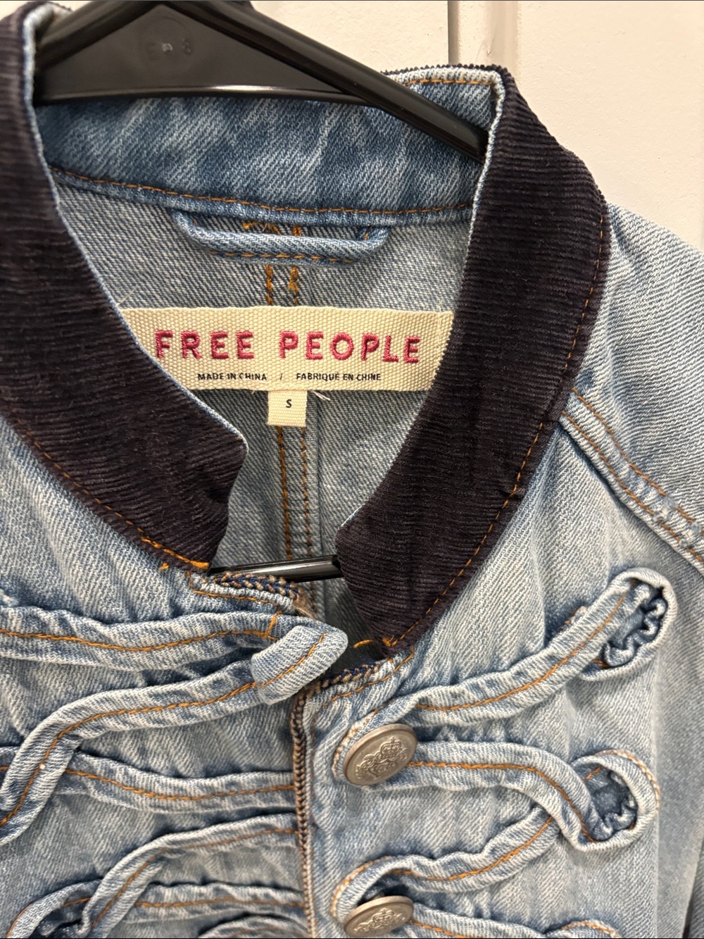 Free People Light Blue Denim Military-Style Jacket with Dark Trim - Picture 2 of 4